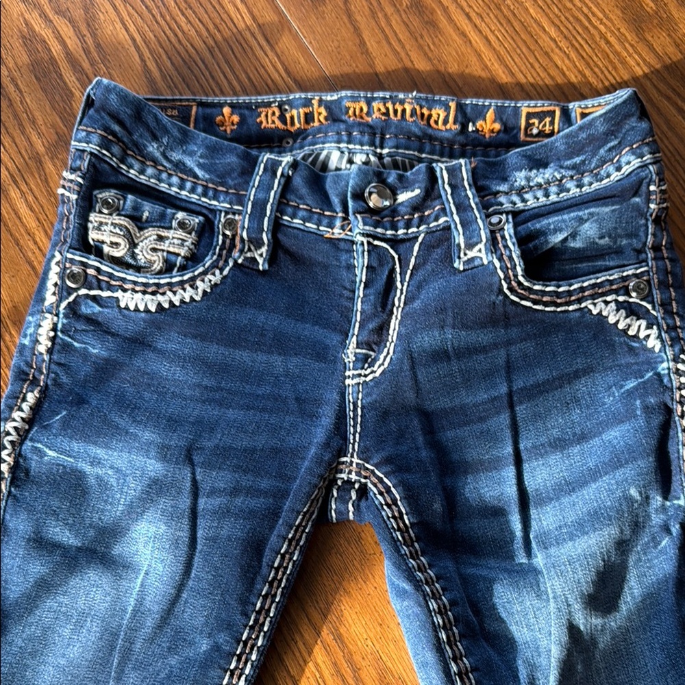Rock Revival Blue Jeans with White Stitching